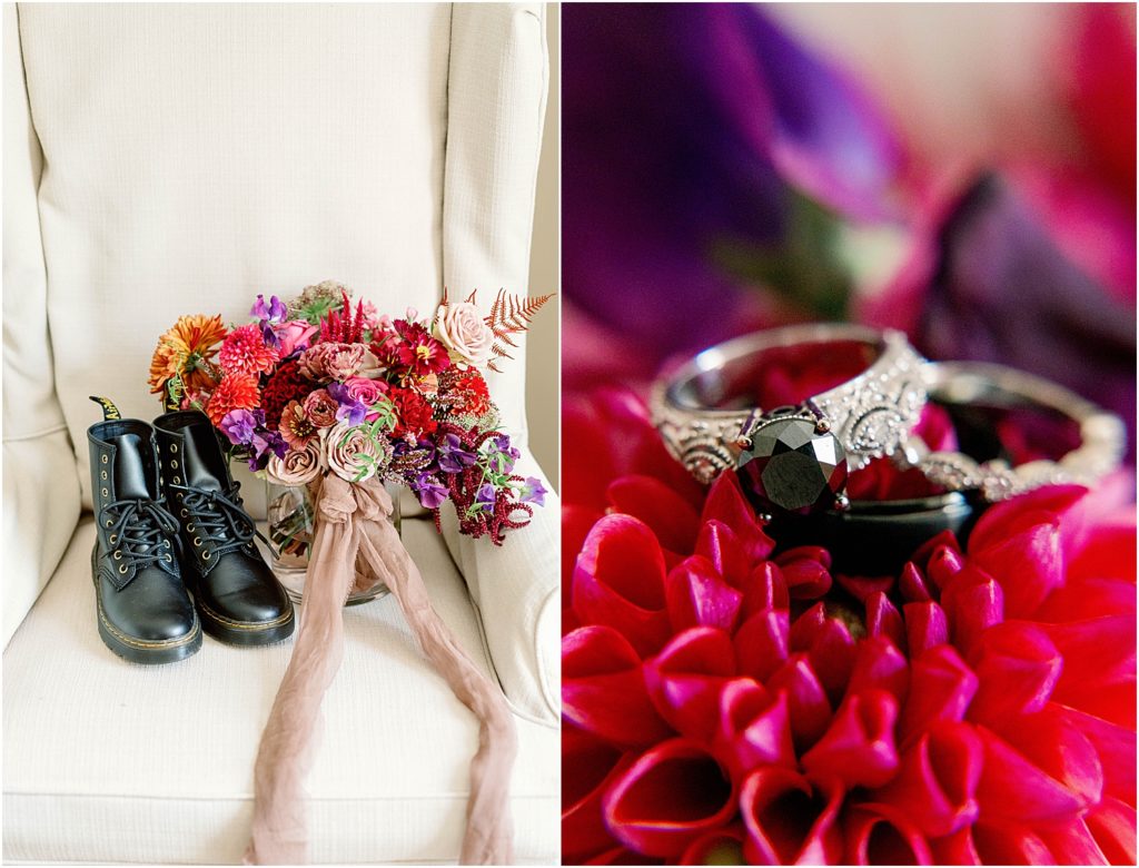 Fall Boho Wedding shoes, bouquet and rings