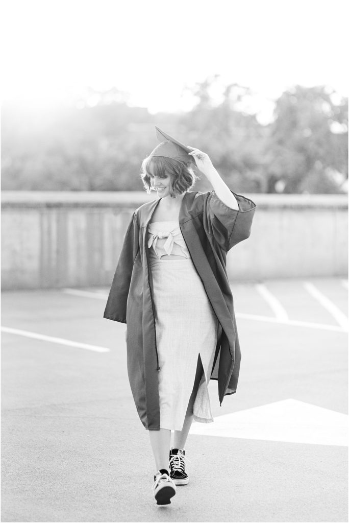 Urban High School Senior Garage with Cap and Gown Black and White