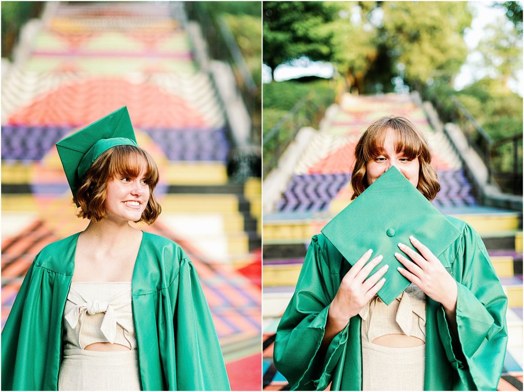 Urban High School Senior colorful stairs with cap and gown
