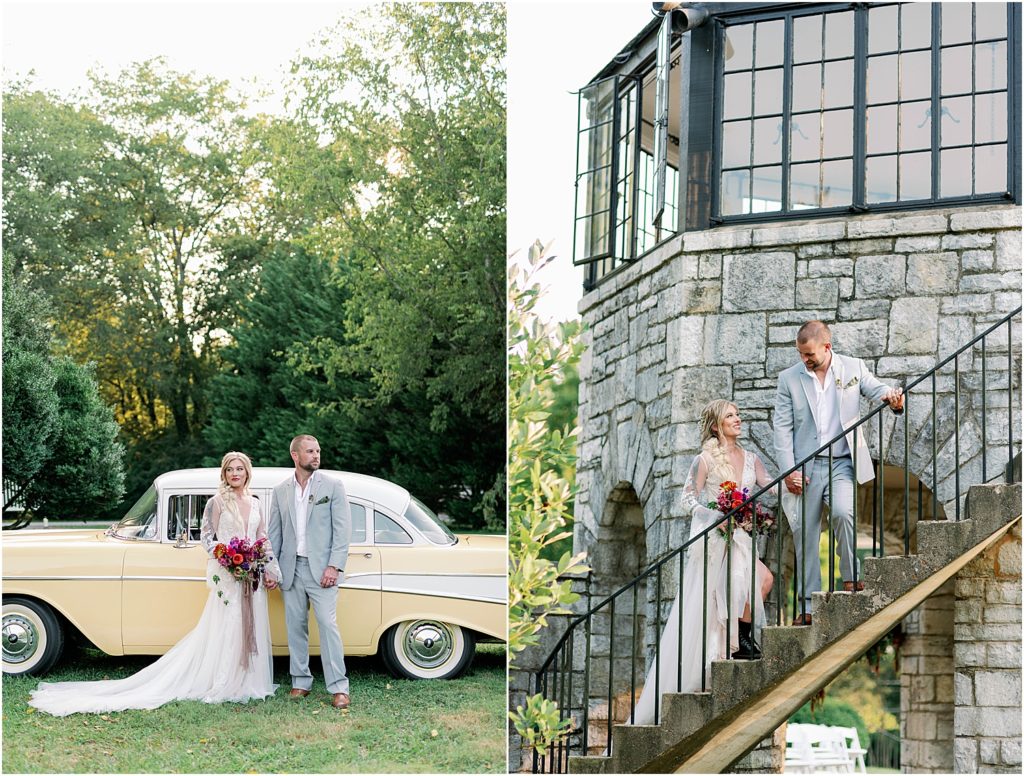 Fall Boho Wedding Bride and Groom car and stairs