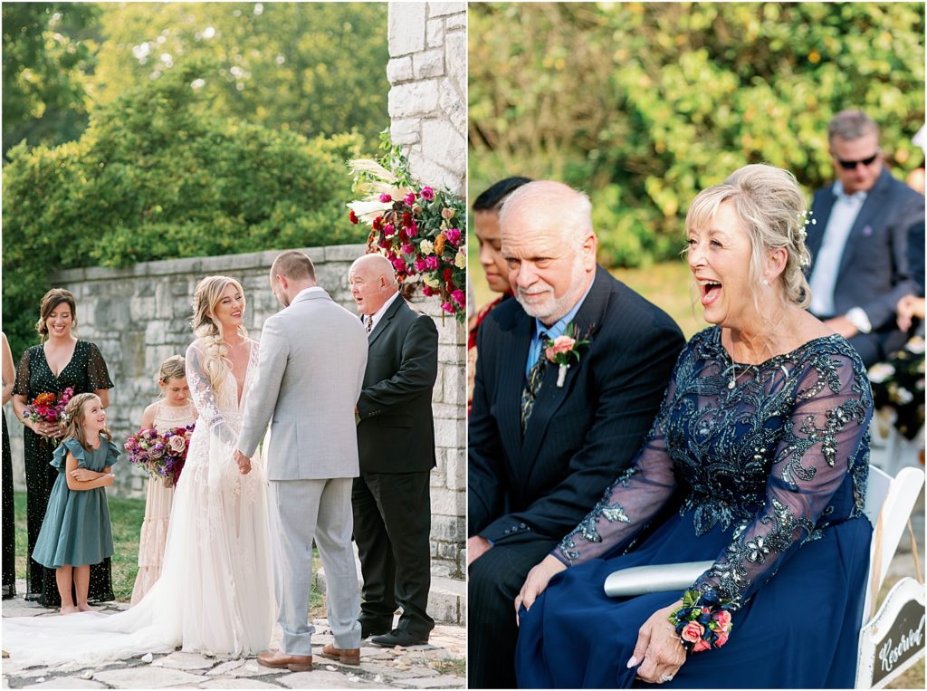Fall Boho Wedding Ceremony bride and groom with mom laughing