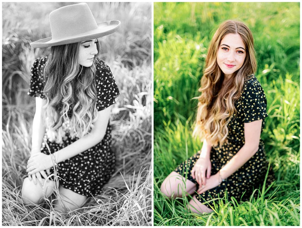 Spring High School Senior at Cherokee Trail Portrait in Grass and black and white