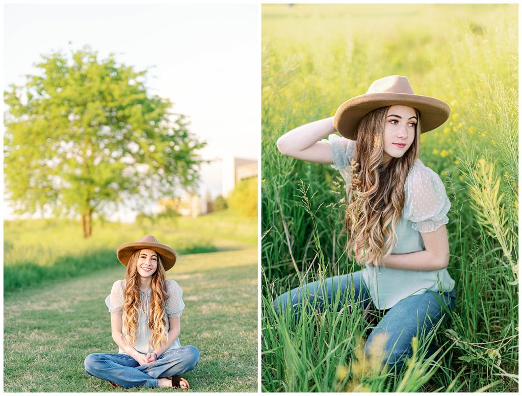 Spring High School Senior at Cherokee Trail Portrait in Grass and hand on hat