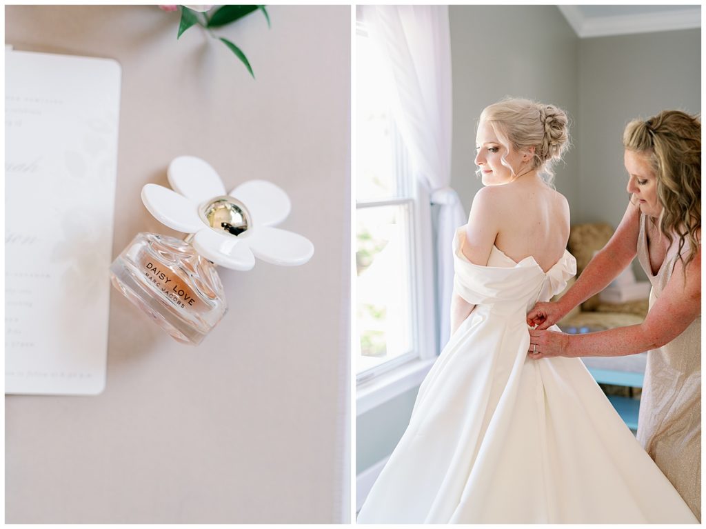 Romantic Summer Garden Wedding, perfume and mom with bride getting dressed