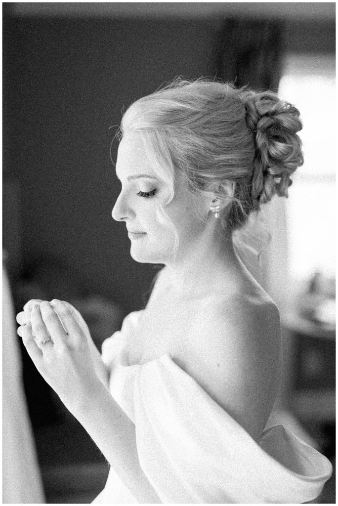 Romantic Summer Garden Wedding, black and white getting ready moment 