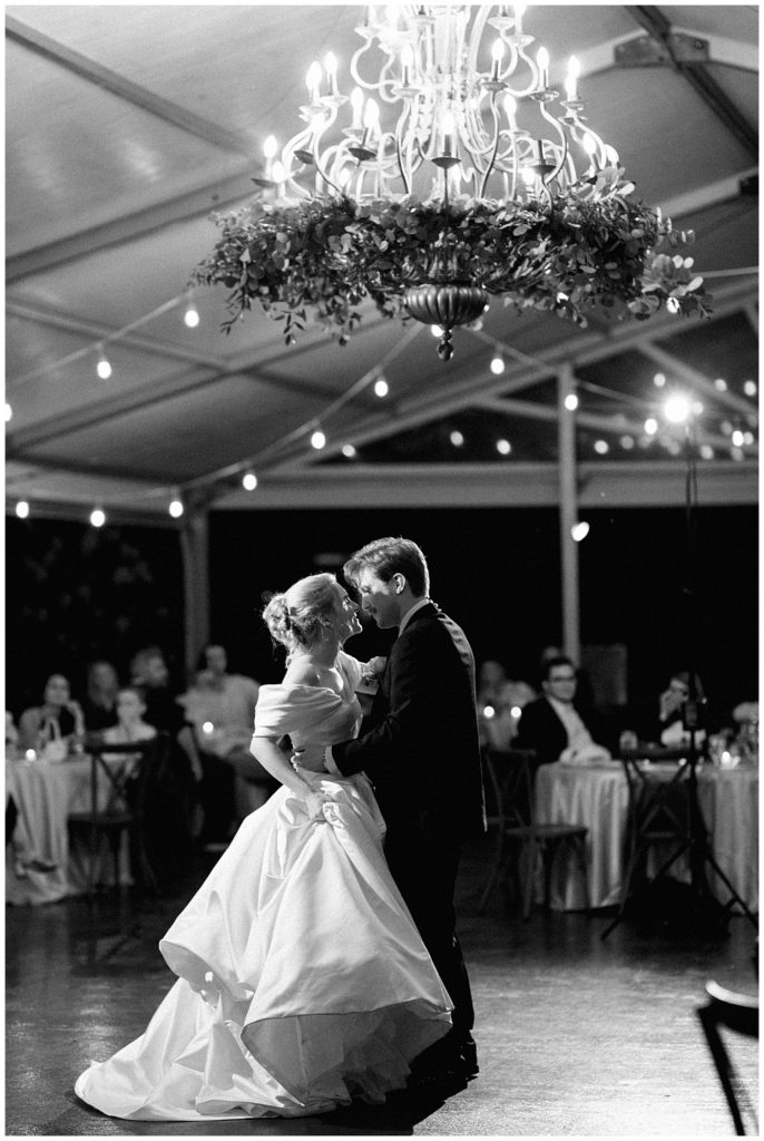 Romantic Summer Garden Wedding, black and white of bride and groom dancing at their first dance 