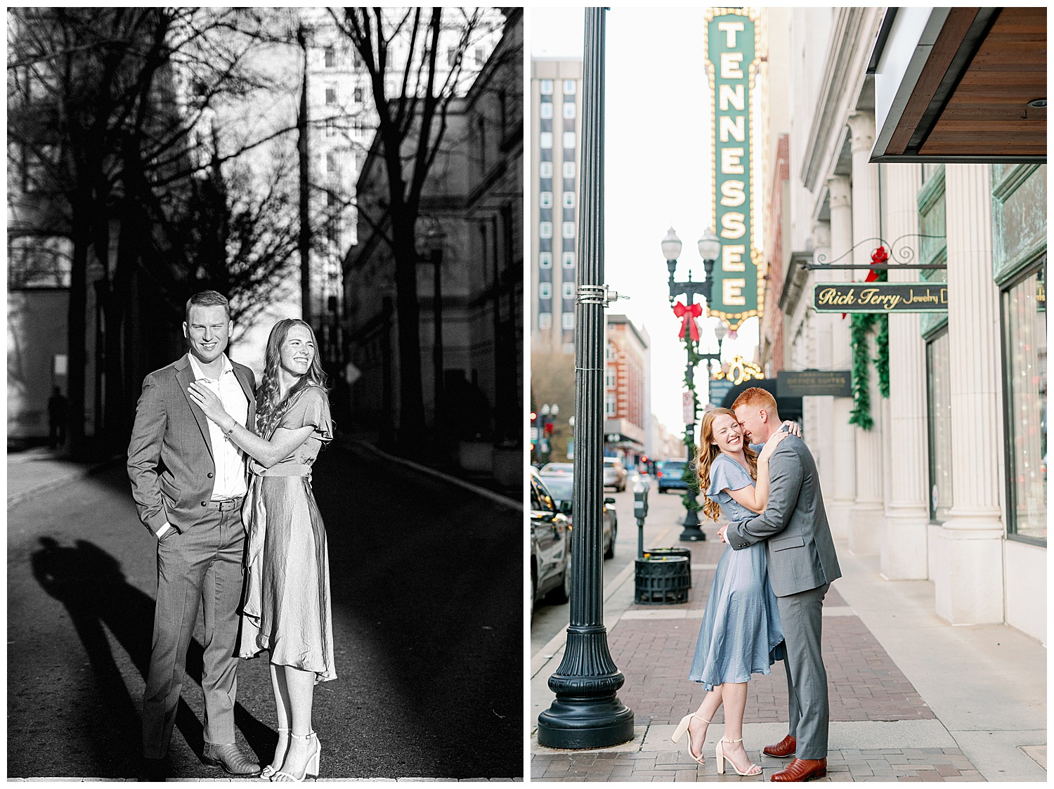 Wintery Engagement Session downtown black and white and Tennessee Theater downtown 