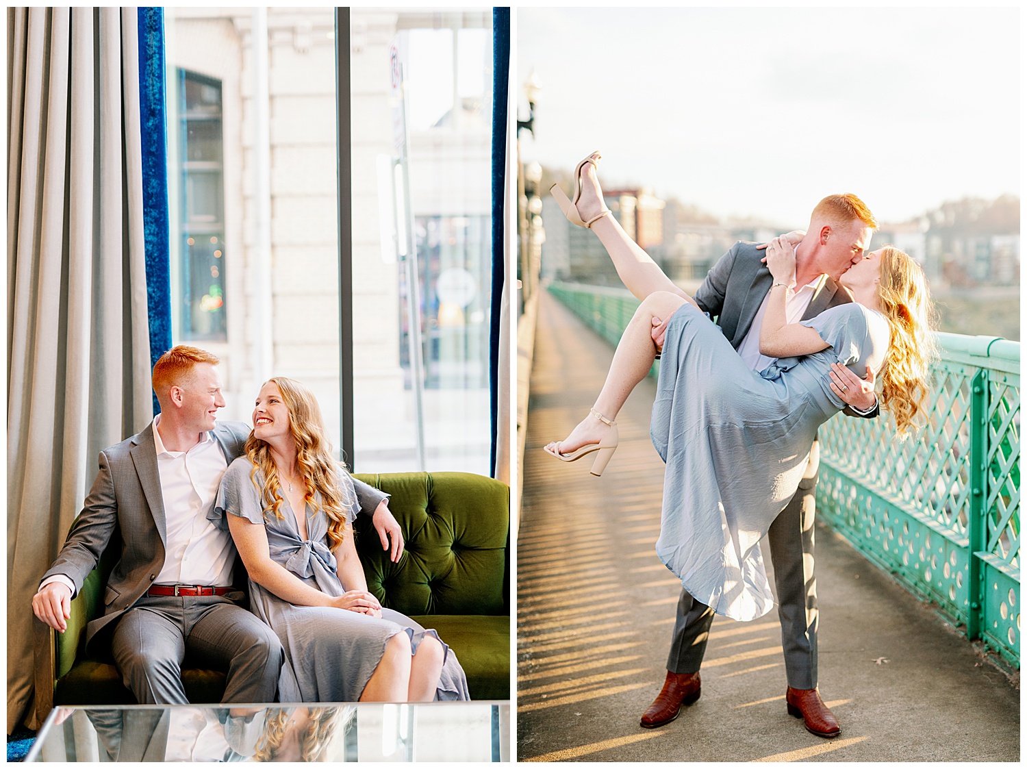 Downtown Classy Engagement session green couch and dip on the bridge 