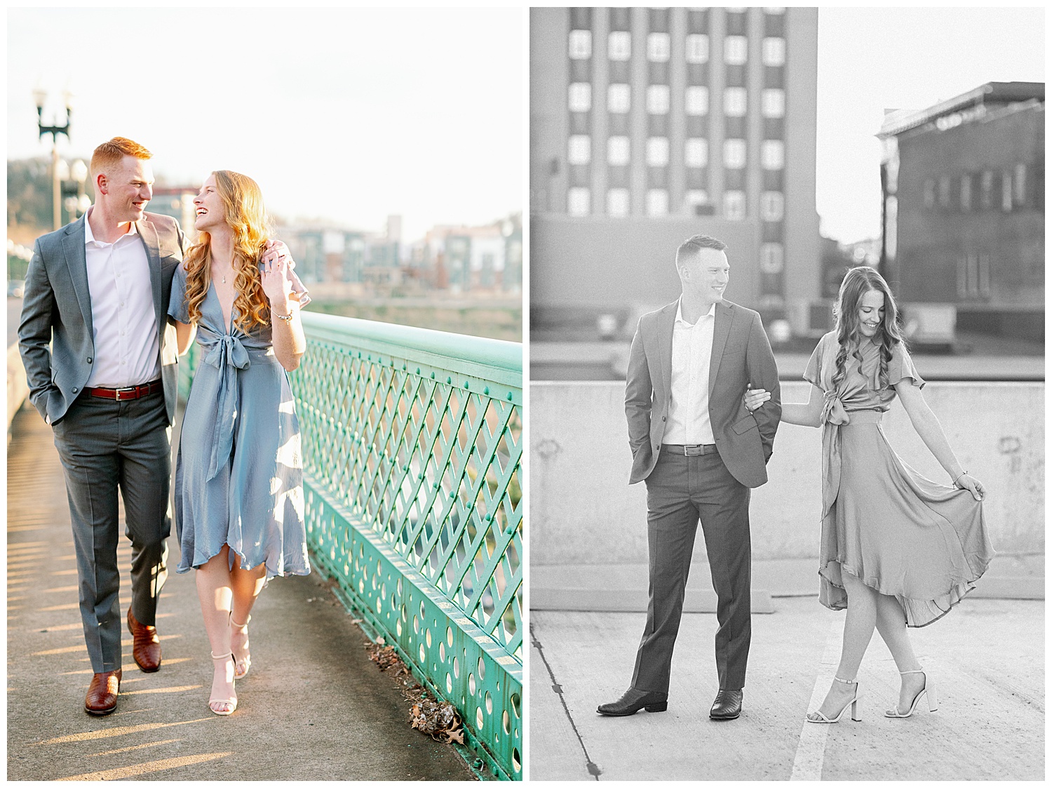Engagement Session downtown walking on the bridge and black and white image