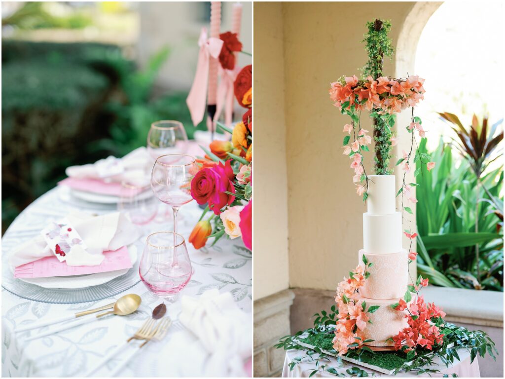 Cake and Tablescape at the Wedding Editorial at the Powel Crosley Estate in Sarasota Florida