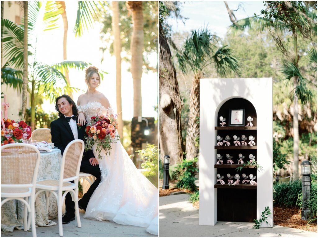 Bride and Groom by the tablescape at the Wedding Editorial