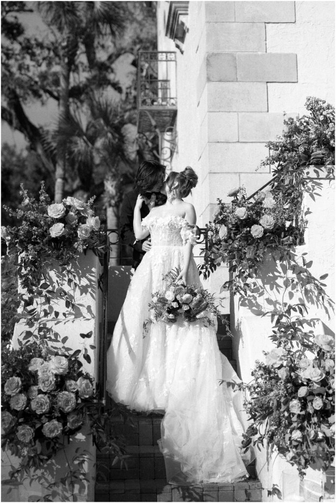 Black and white portraits on the stairs in Powel Crosley Estate