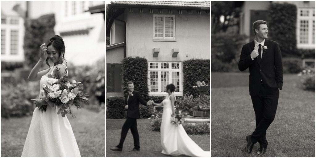 Black and white moments of the bride and groom at Sydonie Mansion with Alaina René Photography